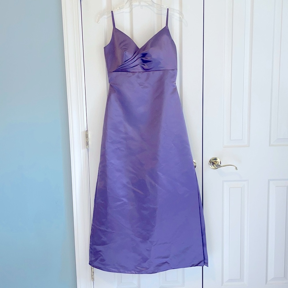 Victorian lilac prom/bridesmaid Satin spaghetti strap gown.